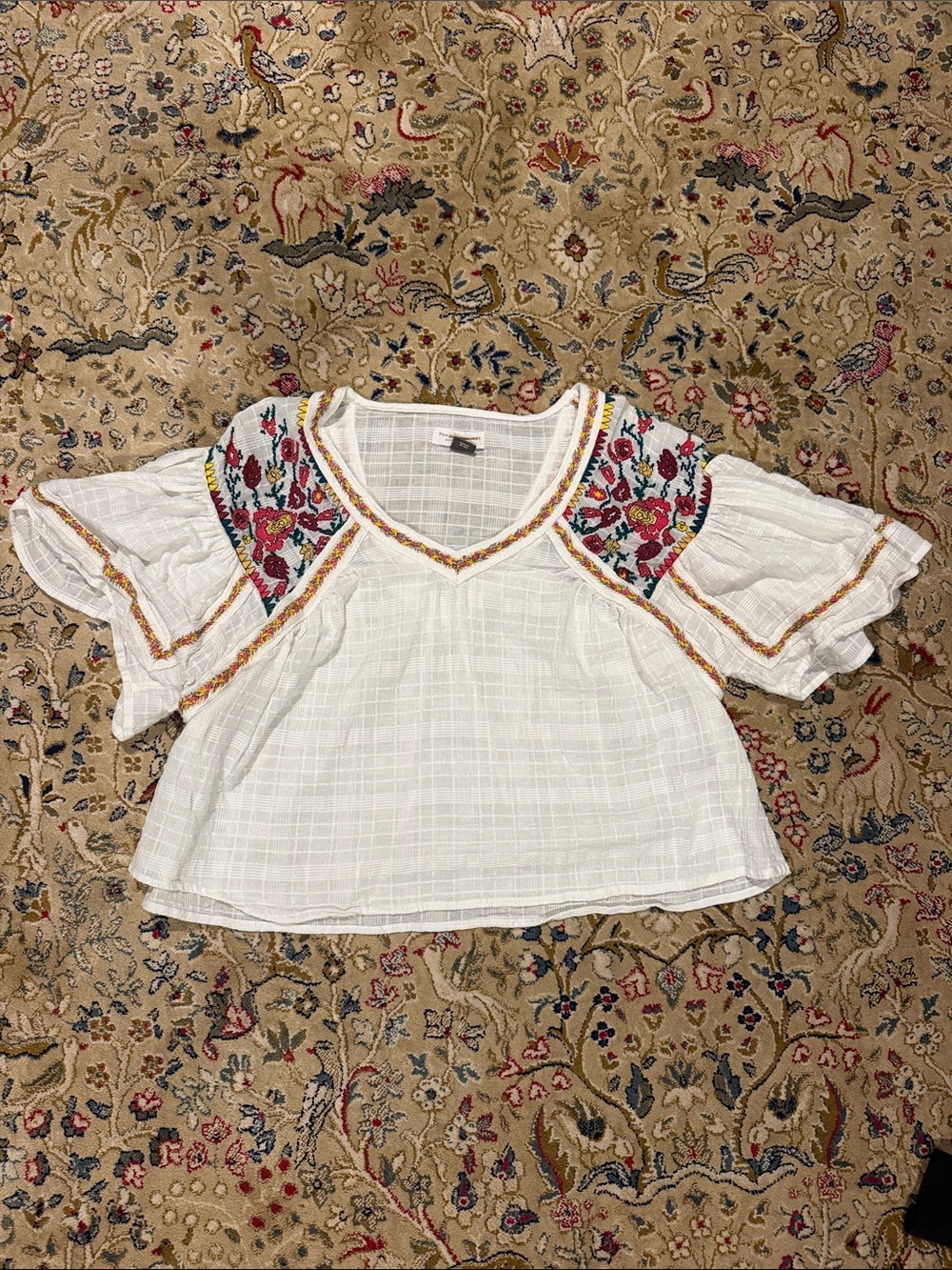 Anthropologie White Embroidered Short-Sleeve Peasant Blouse